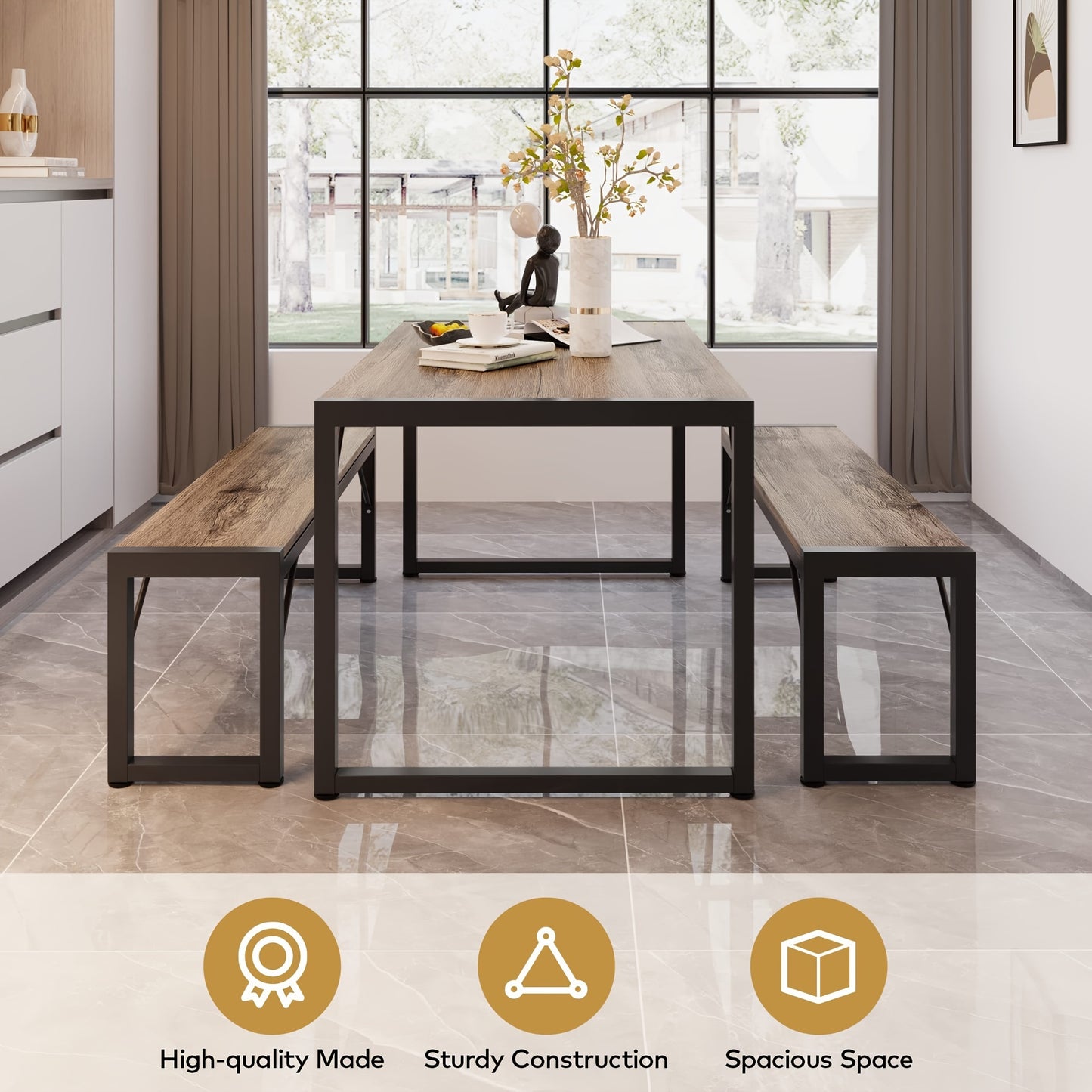 45.5" Dining Table Set For 4, Kitchen Table Set With 2 Benches, Dining Room Table Set With Metal Frame & MDF Board, Space-Saving Dinette For Kitchen, Dining Room -Black, Retro, Gray