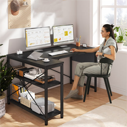 L-Shaped Computer Desk with Power Outlets and Storage Shelves, Corner Gaming Desk for Home Office Bedroom Dorm, Wood Metal Writing Study Desk with Monitor Stand in 3 Colors 4 Sizes