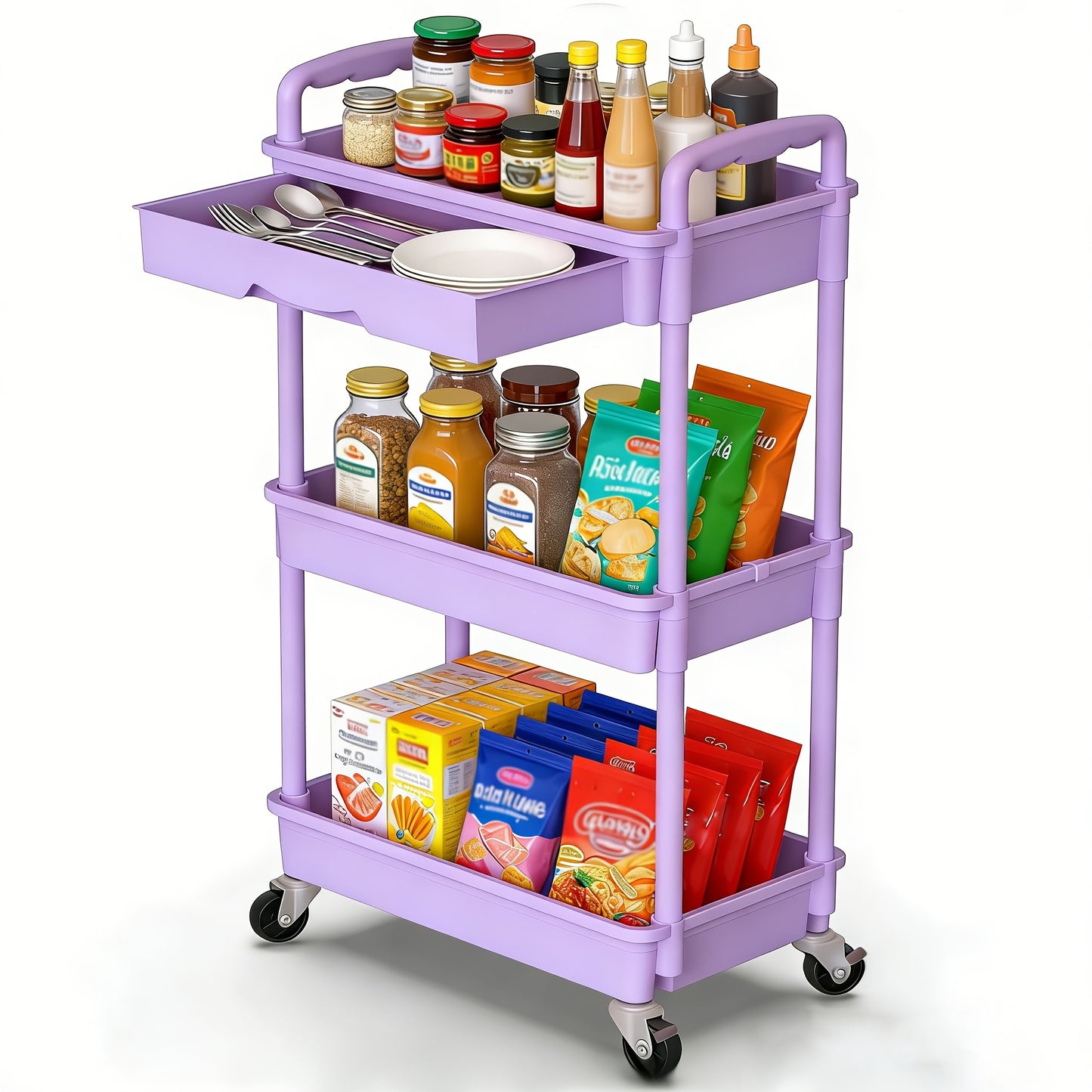 Rolling Storage Cart with Drawers 3 or 4 Tier Plastic Organizer Lockable Wheels Cup Holder Hooks for Kitchen Bathroom Living Room Bedroom Purple Black Blue Green Grey Pink White
