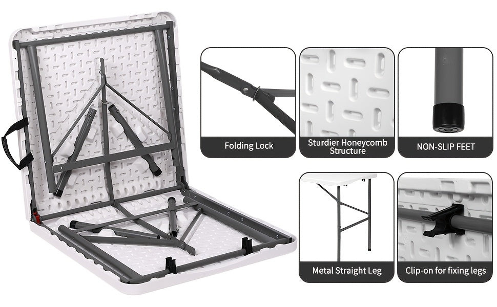 4ft/6ft Plastic Folding Table, Portable Dining Table Indoor Outdoor with Carrying Handle, Locks, Picnic Table -White