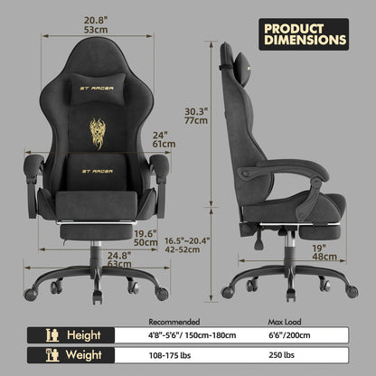 Velvet Fabric Gaming Chair, High Back Ergonomic Gamer Chair for Adult, Comfortable Video Game Chair with Footrest And Massage Lumbar Cushion