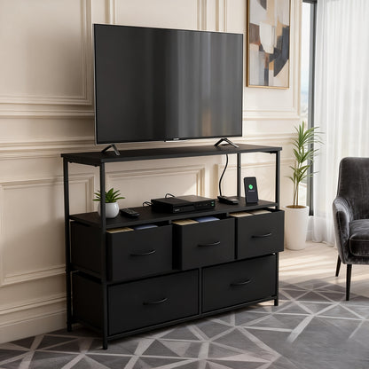 5-Drawer TV Stand Dresser Suitable for 45" Tvs - Media Console Featuring a Charging Station, 2 Shelves, And Storage for Living Room Or Bedroom