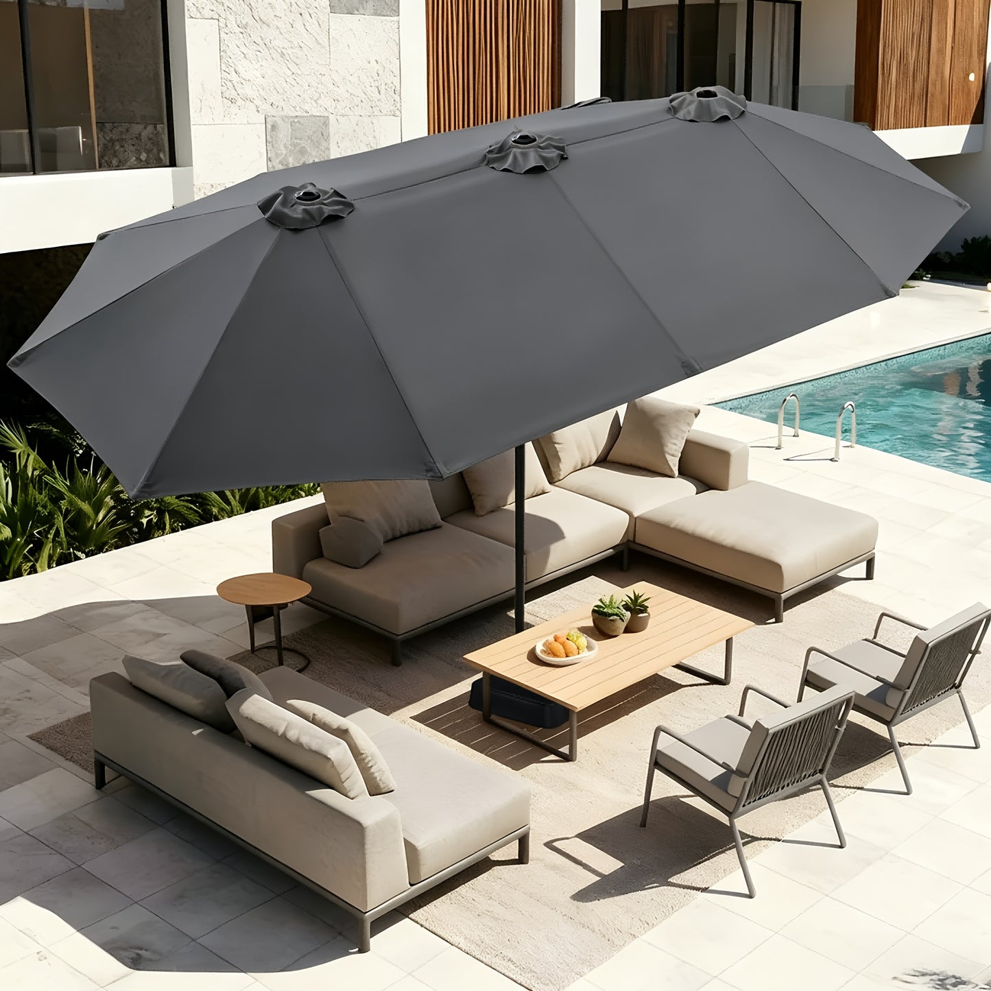 [Double Sided Umbrella] 13ft Double Sided Patio Umbrella with Solar Lights, Includes Stand Base, Outdoor Large Patio Umbrella with Crank Handle, Outdoor Extra Large Market Table Umbrella, 12 Heavy-duty Ribs, for Outside, Market, Patio, Deck, Swimming Pool