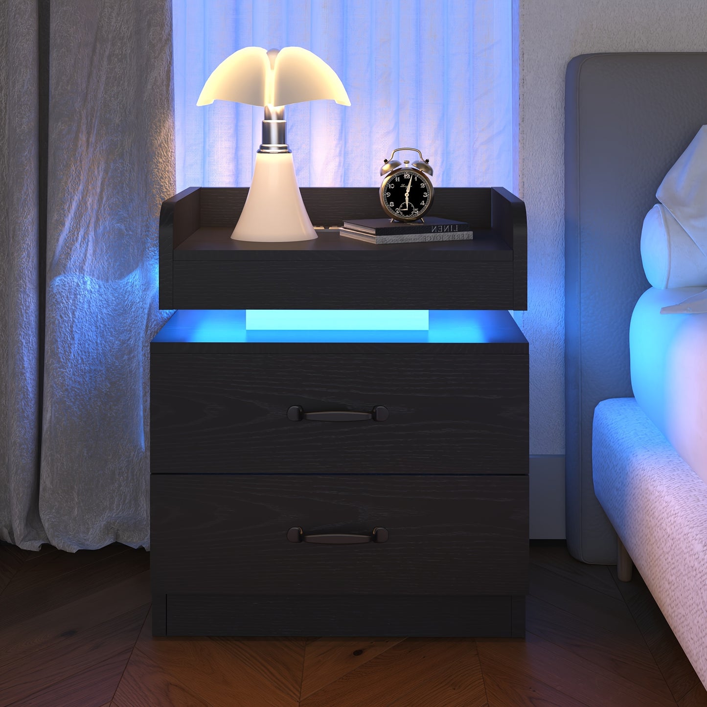[LED Night Stand] Aerotier Decor, 1pc & 2pcs Black/White LED Night Stand With Charging Station, 1pc & 2pcs Bedroom Nightstand With 2 Drawers, LED Side Table For Bedroom & Living Room, Narrow Entryway Table, Smart Nightstand With Charging Station
