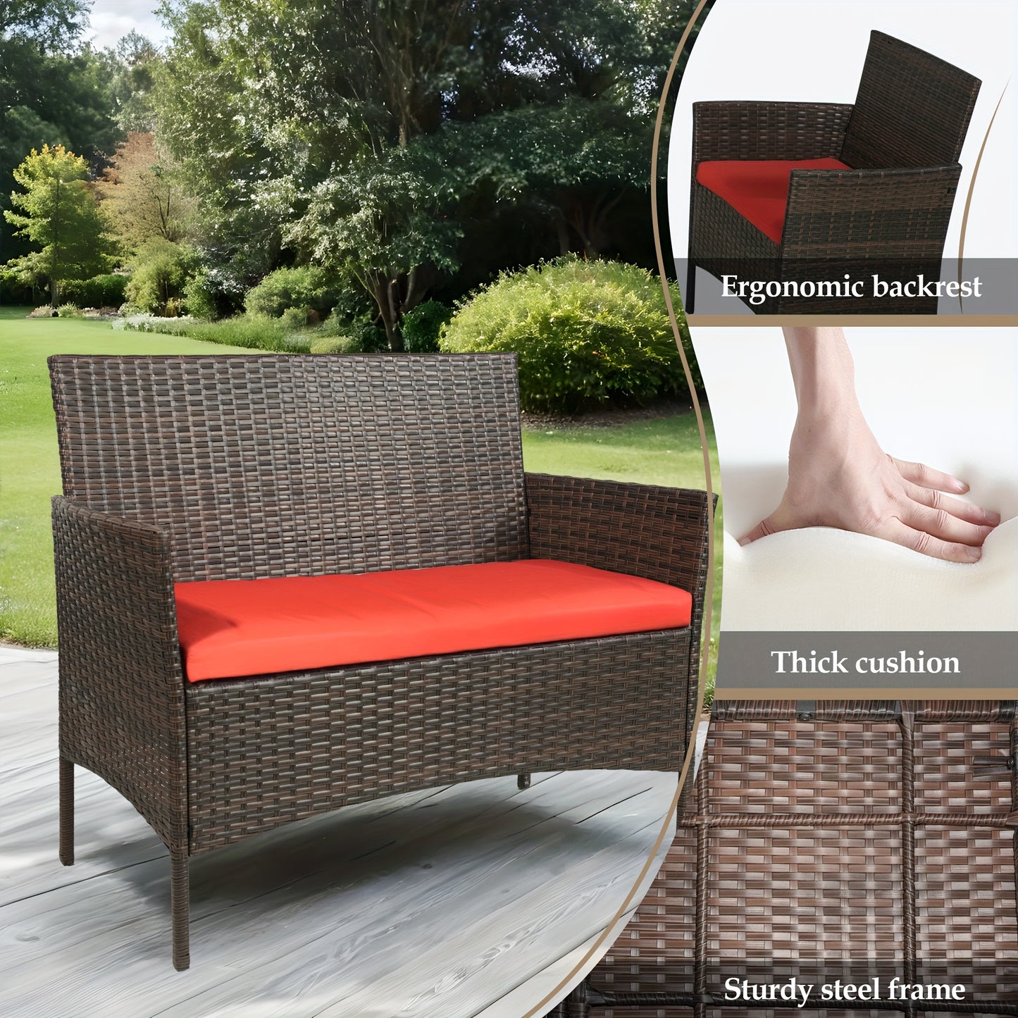 [Outdoor Conversation Set] All-Weather Wicker Patio Furniture 4pcs Set PE Rattan Bistro Loveseat & Table with Soft Cushions- Outdoor Conversation Set for Backyard, Balcony, Deck, Porch-Water-Resistant & UV-Resistant- Patio Furniture Outdoor