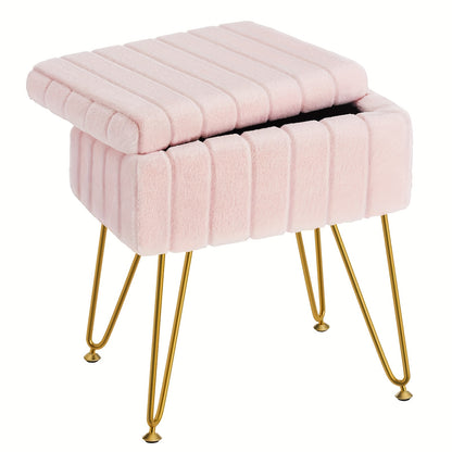 Vanity Storage Ottoman Chair | Makeup Vanity Chair with Metal Legs & Soft Faux Fur Surface, Flip Top Foot Rest with Soft Padded Seat for Bedroom Living Room, Ideal for Moms' Boudoir Glam Station & Bedroom Luxury Organization