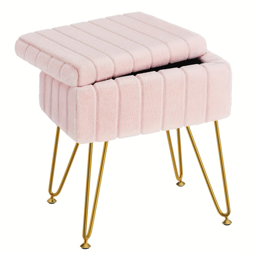 Vanity Storage Ottoman Chair | Makeup Vanity Chair with Metal Legs & Soft Faux Fur Surface, Flip Top Foot Rest with Soft Padded Seat for Bedroom Living Room, Ideal for Moms' Boudoir Glam Station & Bedroom Luxury Organization