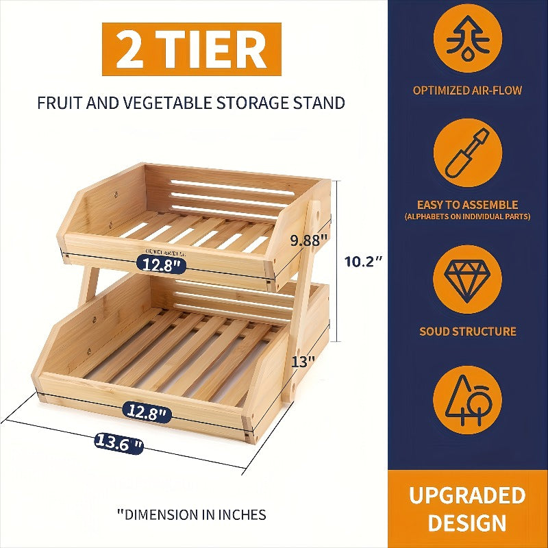 3-Layer Bamboo Fruit Basket Rack - Large Capacity Kitchen Storage Rack, Open Striped Design for Ventilation And Air Circulation, Natural Wooden Countertop Storage Rack, Suitable for Vegetables, Bread And Fresh Ingredients - Easy to Assemble, Durable
