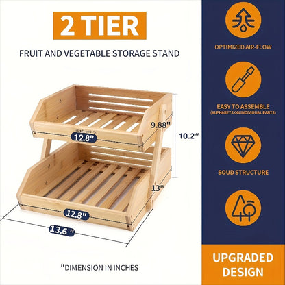 3-Layer Bamboo Fruit Basket Rack - Large Capacity Kitchen Storage Rack, Open Striped Design for Ventilation And Air Circulation, Natural Wooden Countertop Storage Rack, Suitable for Vegetables, Bread And Fresh Ingredients - Easy to Assemble, Durable