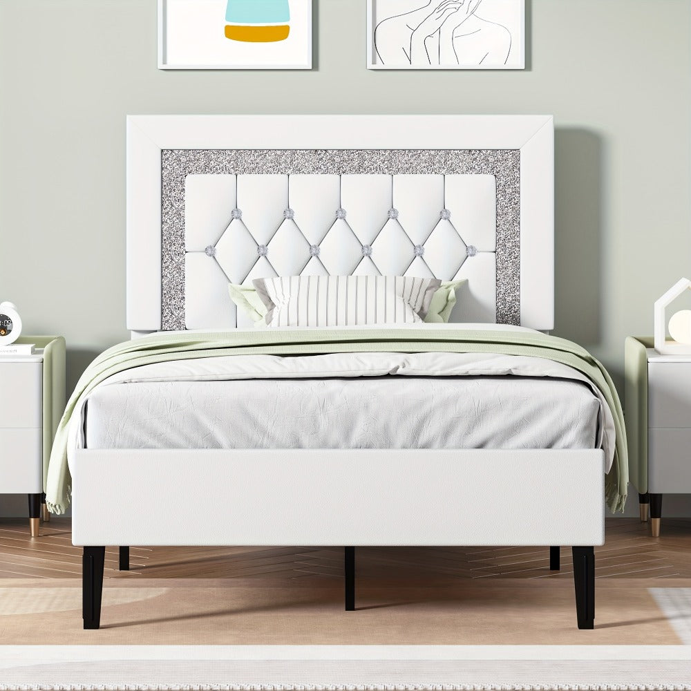 Princess Bed Frame with Diamond Tufted Headboard Twin Full Queen Soft PU Leather Wood Slats 900 lbs Capacity Easy Assembly Bedroom Furniture Pink White Black