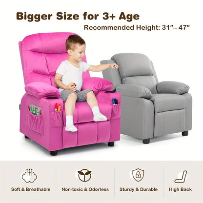 Girls' Pink Velvet Recliner Chair with Cup Holder & Storage Pocket - Heavy-Duty 300lb Capacity, Ergonomic Backrest & Armrests, Manual Recliner with Safety Belt - Modern Soft Cushioned Lounge Chair for Kids & Teens, Easy Assembly, Ideal for Bedroom, Living