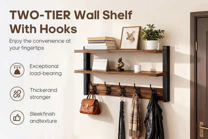 Double Layer Metal Clothes Rack, Wall-Mounted or Freestanding Garment Rack Space Saving Coat Hanger Stand for Bedroom Entryway Living Room Office, Walnut Finish