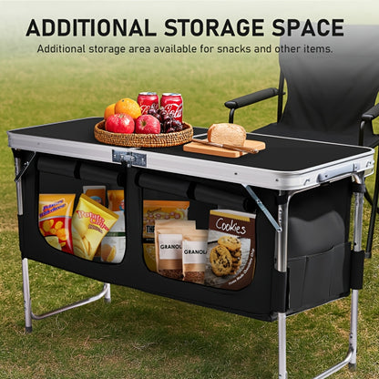 Bonnlo 4ft Folding Table with Storage Aluminum Camping Picnic Table Adjustable Height for Outdoor Beach BBQ Backyards Travel Party Garden Patio Folding Dining Table Black/ White Foldable Table Camping Gear and Equipment