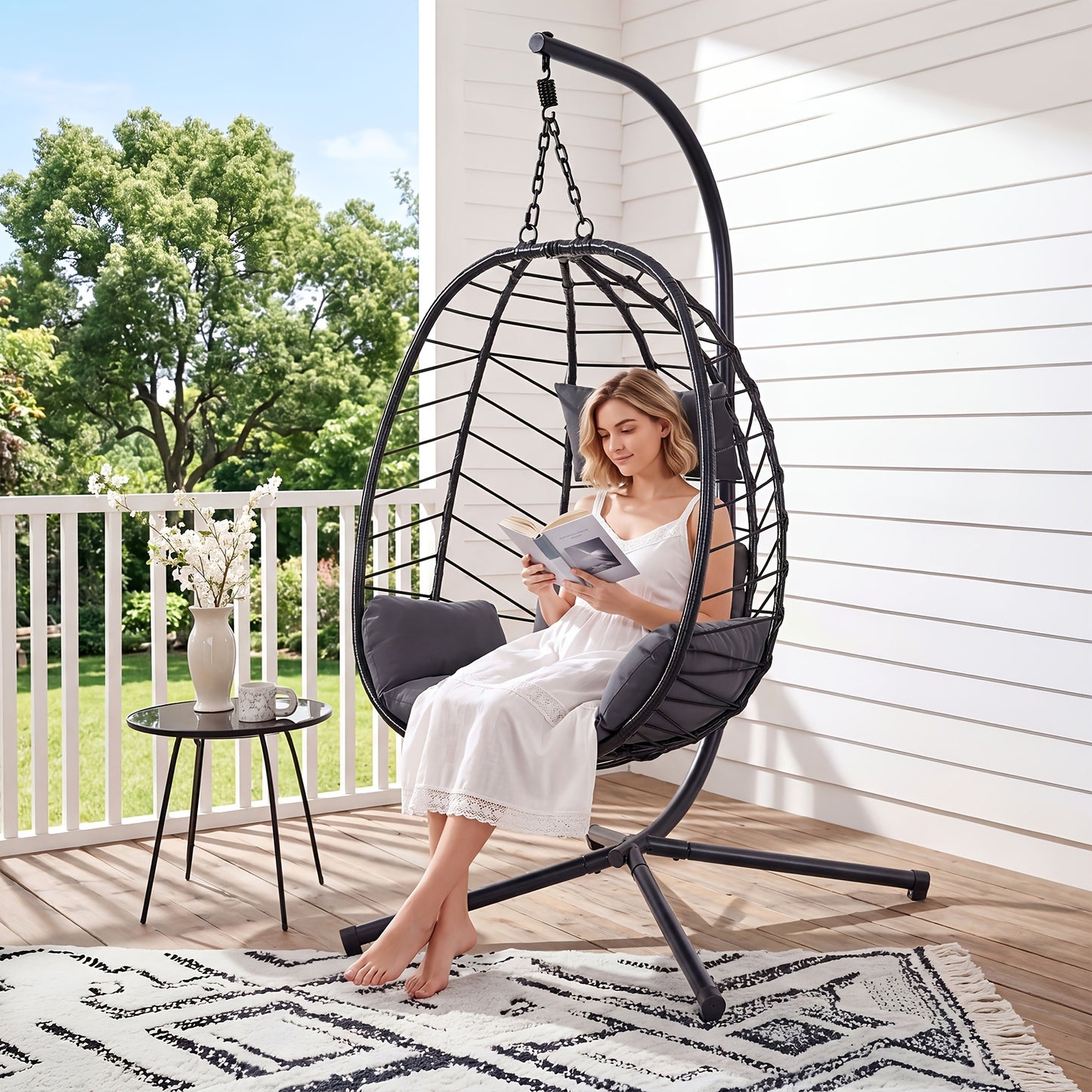 [Egg Swing Chair] Hanging Egg Chair With Stand, Rattan Wicker Egg Chair With Cushion Headrest, Outdoor Indoor Egg Swing Chair With Dual Chains, 350LBS Capacity For Patio, Porch, Balcony, Bedroom (Light Grey)