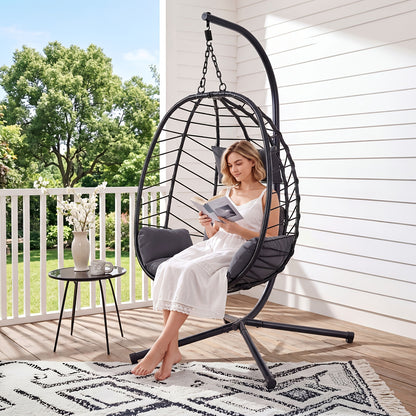 [Egg Swing Chair] Hanging Egg Chair With Stand, Rattan Wicker Egg Chair With Cushion Headrest, Outdoor Indoor Egg Swing Chair With Dual Chains, 350LBS Capacity For Patio, Porch, Balcony, Bedroom (Light Grey)