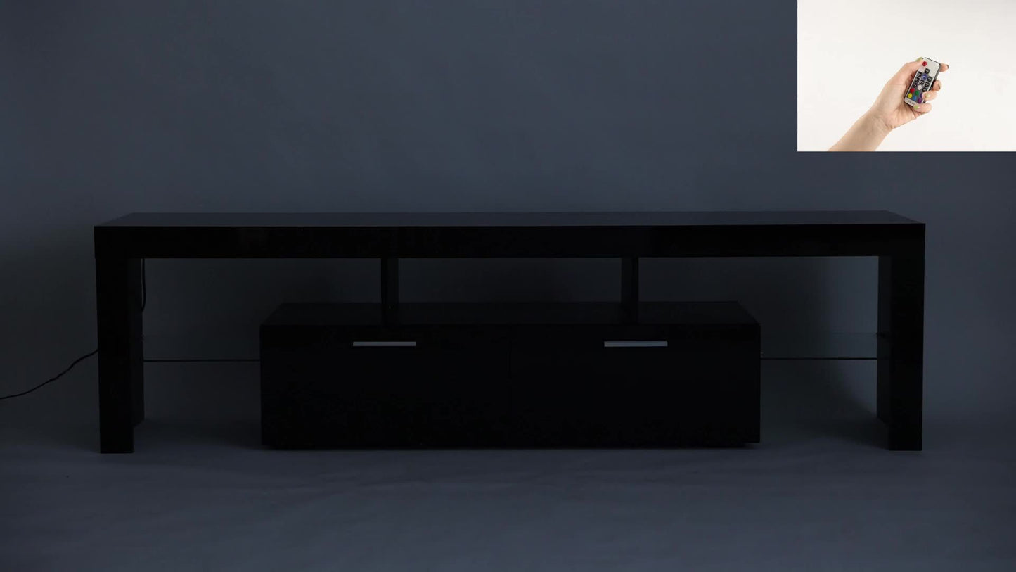 71" High Gloss White TV Stand with LED Lights for 55/65/75/80 Inch TVs, Gaming Entertainment Center with Cabinet for PS5, Modern Media Console Table with Glass Shelves for Living Room, Game Room, Bedroom