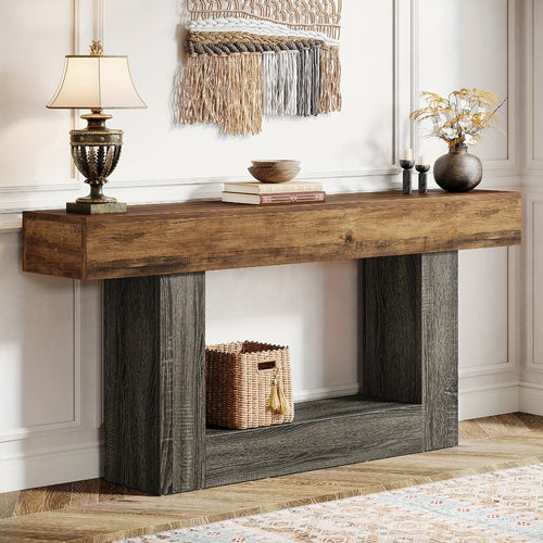 63 Inch Farmhouse Console Table with U-Shaped Base & 2-Tier Shelves, Rustic Brown & Grey Two-Tone Sofa Table for Living Room Hallway Foyer Entryway