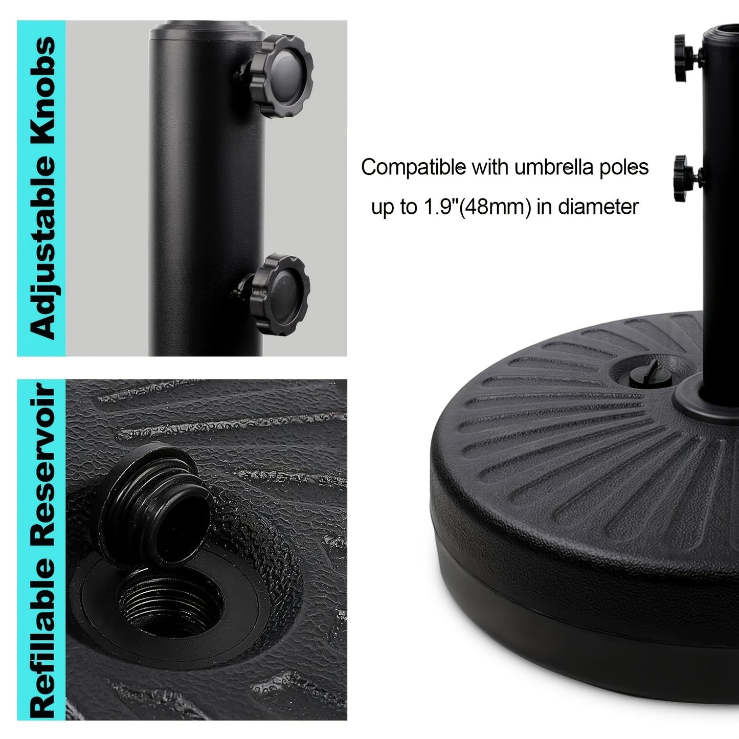 [Heavy Duty Umbrella Stand] Heavy Duty Umbrella Round Base Stand With Steel Umbrella Holder, Water Or Sand Fillable For Outdoor, Patio, Market, Lawn, Garden, 50lbs Weight Capacity, 20inch (Black)