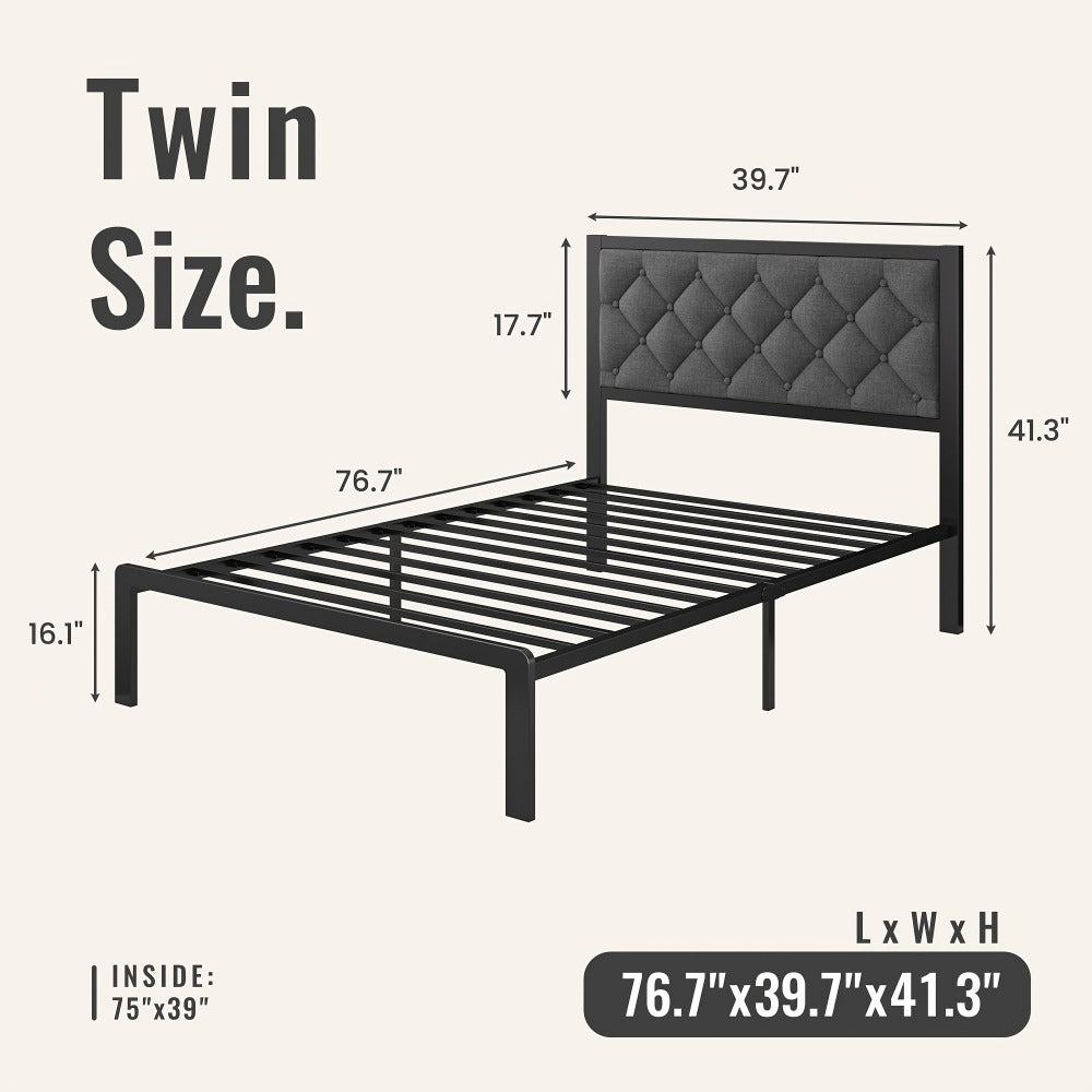 Upholstered Platform Bed Frame with Button Tufted Headboard Noise-Free Steel Slats 12.6 Inch Under-Bed Storage No Box Spring Needed Twin Queen Grey