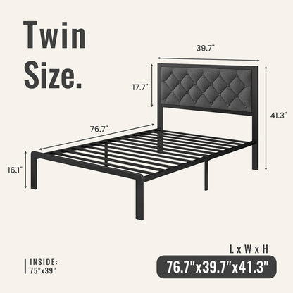 Upholstered Platform Bed Frame with Button Tufted Headboard Noise-Free Steel Slats 12.6 Inch Under-Bed Storage No Box Spring Needed Twin Queen Grey
