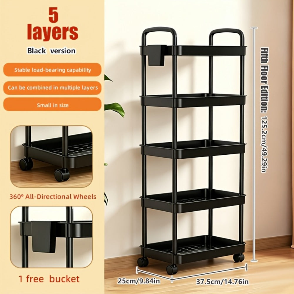 Rolling Utility Cart with Handle & Wheels, 3 4 or 5 Tier Plastic Storage Trolley for Office Kitchen Living Room Bathroom, Movable Multi-Functional Organizer Cart, White & Black