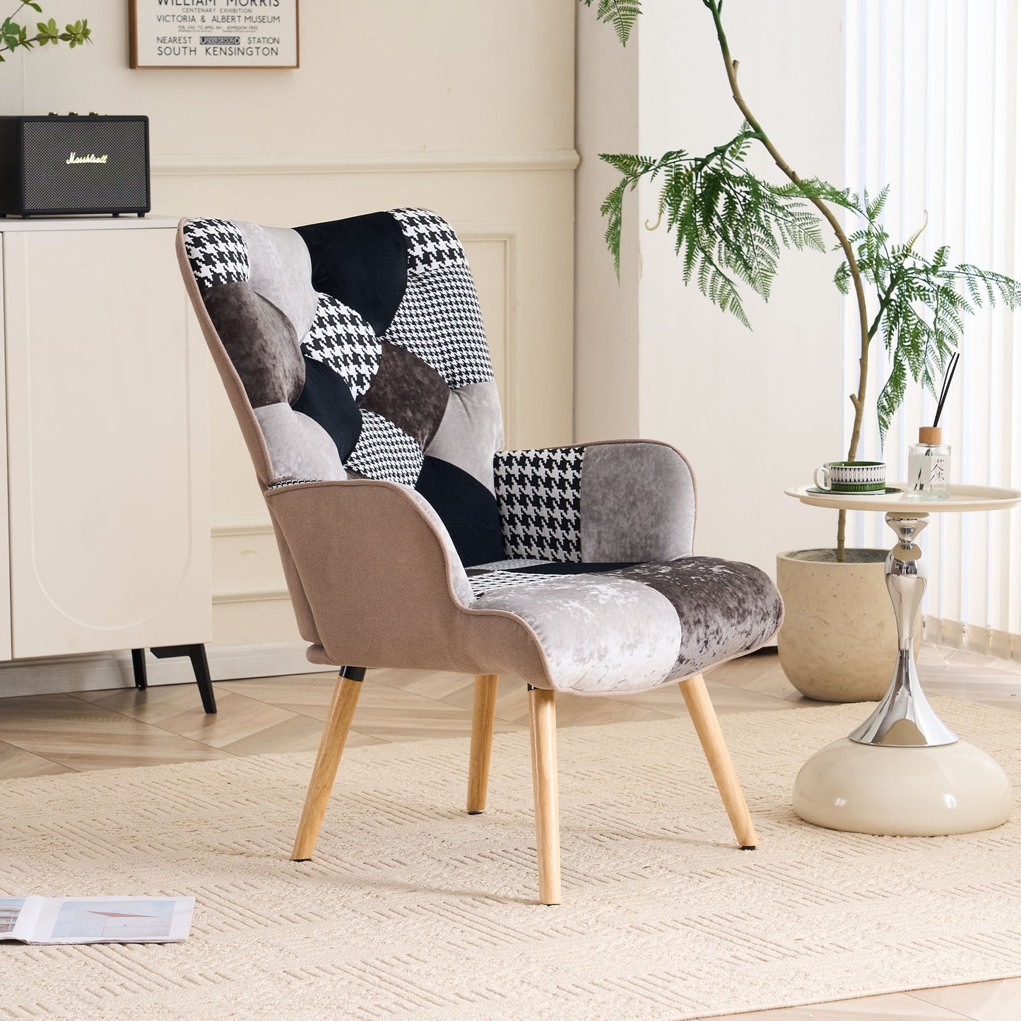 Patchwork Accent Chair High Back Armchair with Memory Foam Cushion & Hardwood Legs – 330 lbs Capacity Linen Upholstered Reading Chair for Living Room Bedroom Home Office, 6 Colors