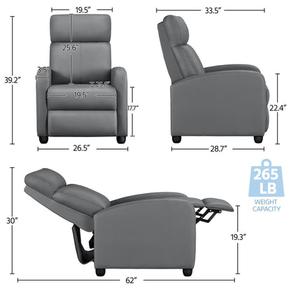 Costoffs PU Leather Recliner Chair, Modern Adjustable Single Reclining Sofa with Pocket Springs, Comfortable Upholstered Leather Armchair for Living Room, Bedroom, and Home Theater