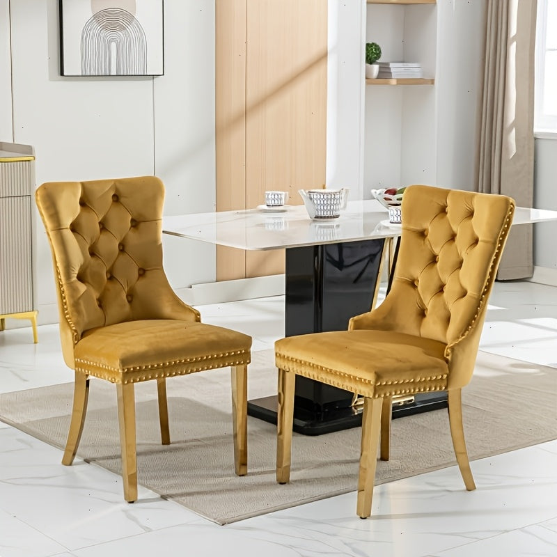 Solid Wood Velvet Upholstered Dining Chair, Modern Design Quilted Dining Chair with Nail Head Accent And Solid Gold Plated Legs, Set of 2 for Kitchen, Living Room, Apartment