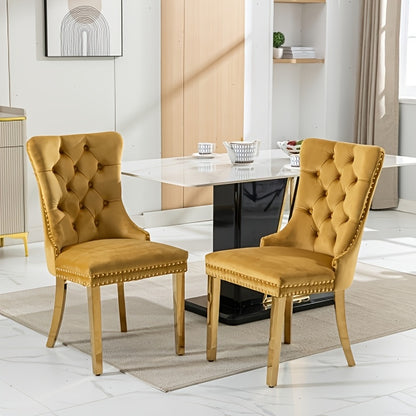 Solid Wood Velvet Upholstered Dining Chair, Modern Design Quilted Dining Chair with Nail Head Accent And Solid Gold Plated Legs, Set of 2 for Kitchen, Living Room, Apartment
