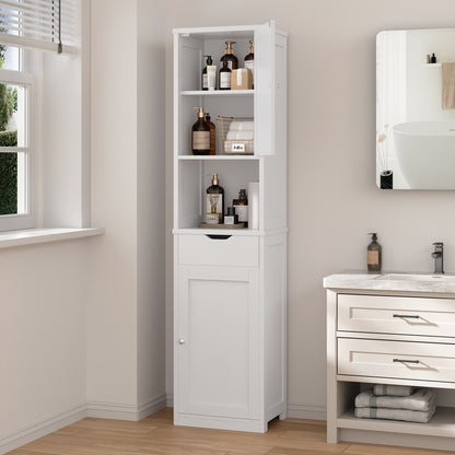 5-Tier Narrow Freestanding Storage Cabinet with 1 Drawer & 2 Doors White, Space-Saving Tower Shelf Floor Cabinet for Bathroom Kitchen Living Room Small Spaces