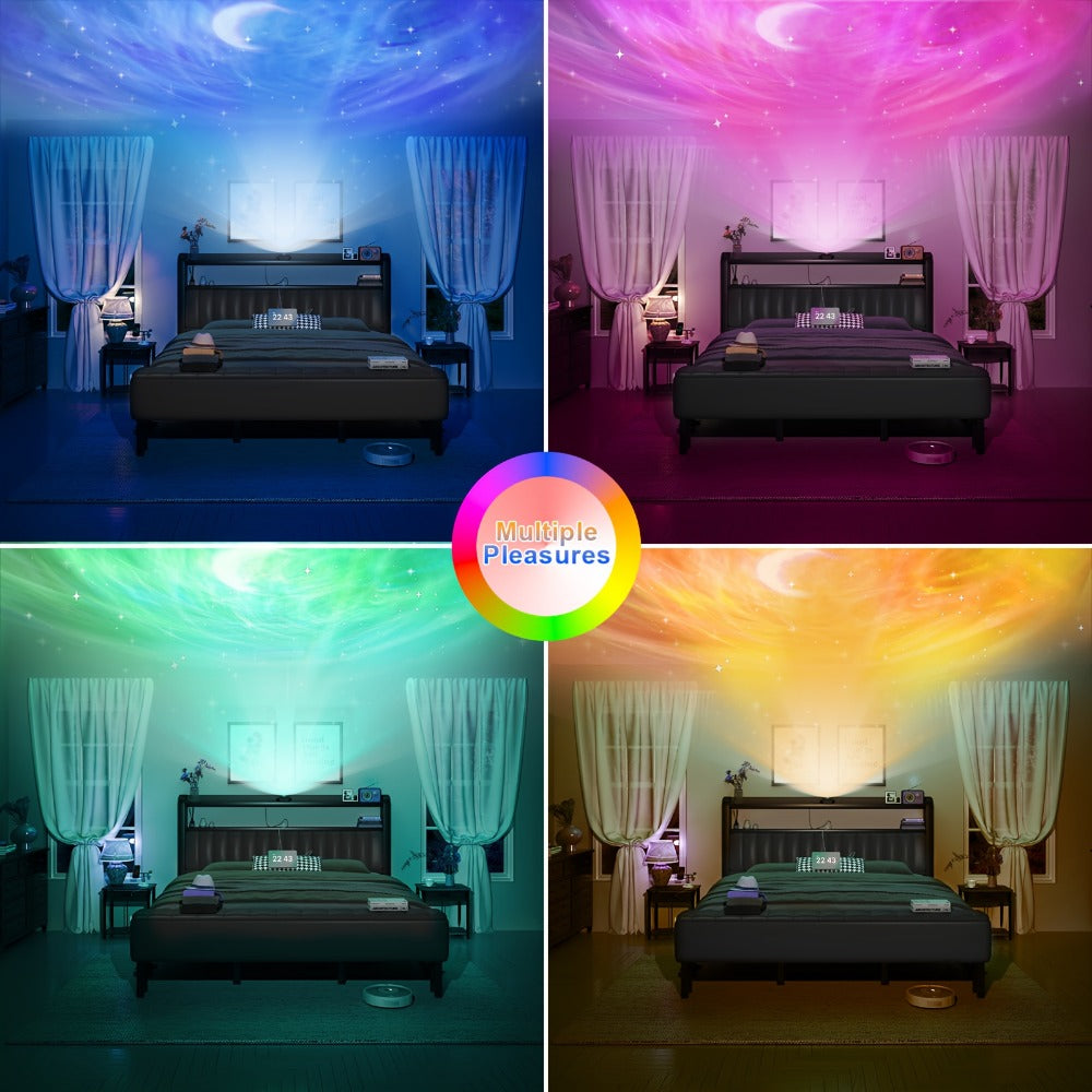 Metal Platform Bed with Starry Sky LED Lighting Storage Ottoman Upholstered Headboard Reinforced Legs Easy Assembly Bedroom Furniture