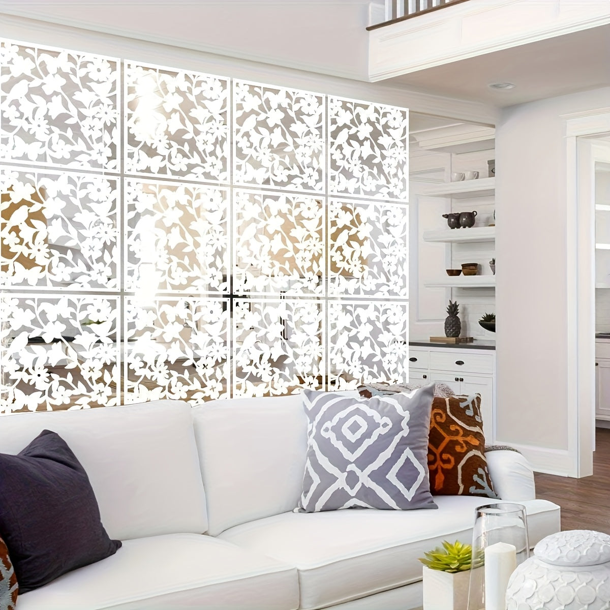 12/24pcs Plastic Hanging Room Divider Panels, Art Decor Floral Carved Thick PVC Screen Panels Hanging Wall Divider Room Partition, Stylish Hollow Design for Home, Office, Kitchen, Bedroom, Living Room Decor And Additions - White/Black