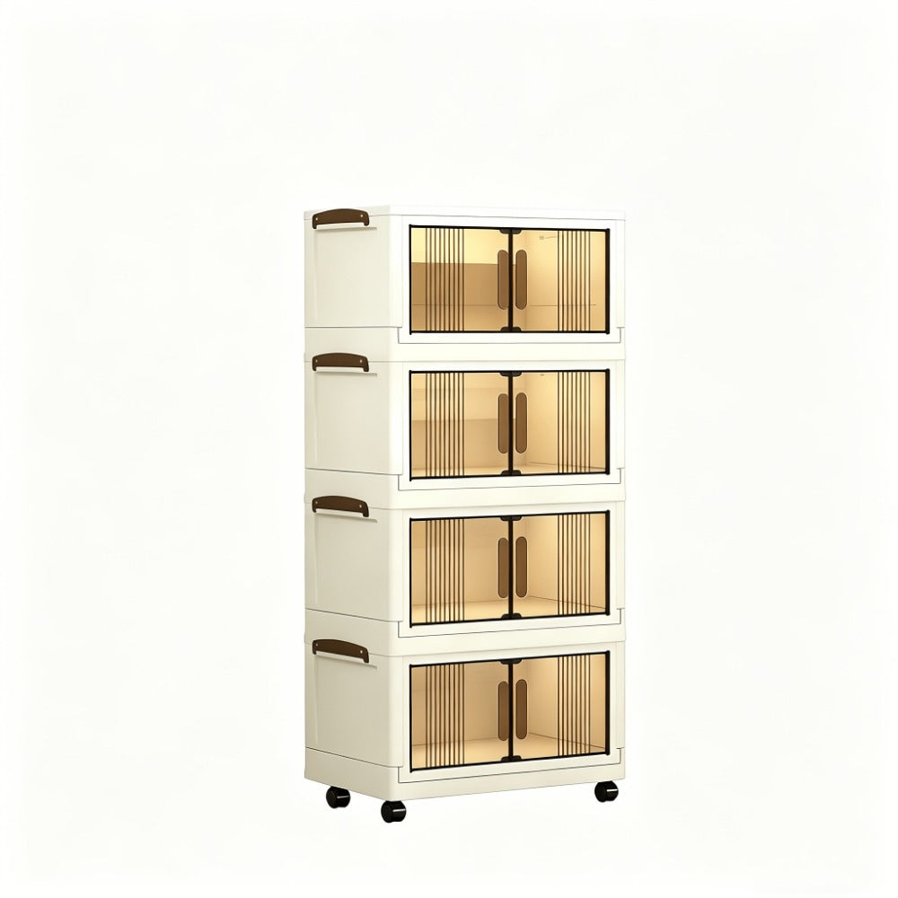 29-Gallon Foldable Plastic Storage Cabinet with Wheels – 3 4 5 Layer Transparent Stackable Drawers Organizer for Bedroom Living Room Closet, White