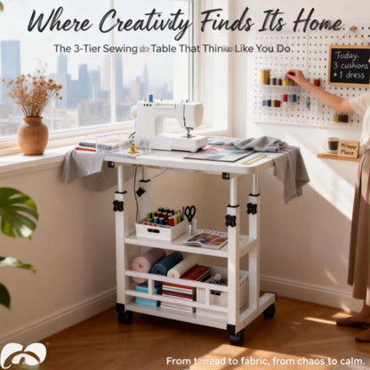Adjustable Height Wheeled Mobile Table | Movable Multi-Purpose Side Table/Folding Table With Reinforced Frame And Lockable Wheels, Sewing Table With Lift Stand, Available In Black/White - Ideal For Bedrooms, Living Rooms, Studies, Small Spaces