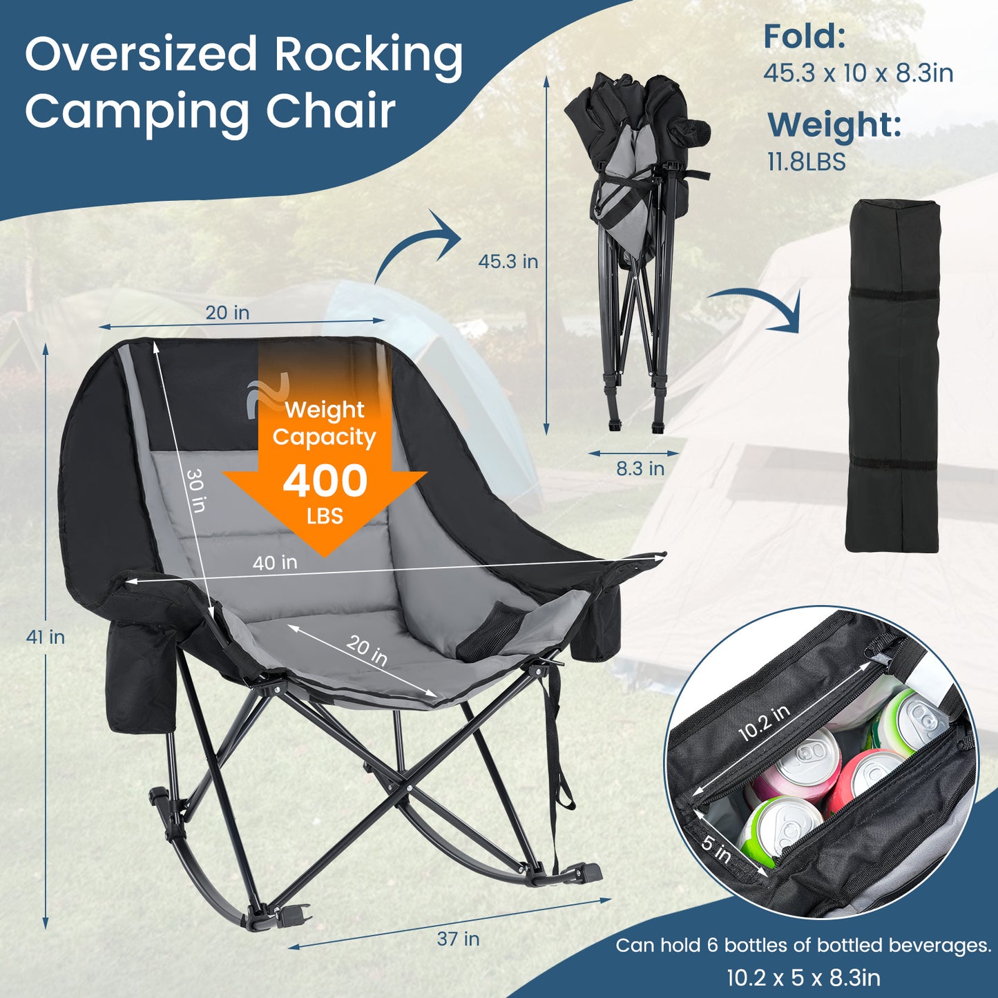 Oversized Rocking Camping Chair, Fully Padded Patio Chair with Cooler Bag and Side Pocket, High Back Portable Lawn Recliner Rocker Chairs for Camp, Patio, Supports 400 lbs