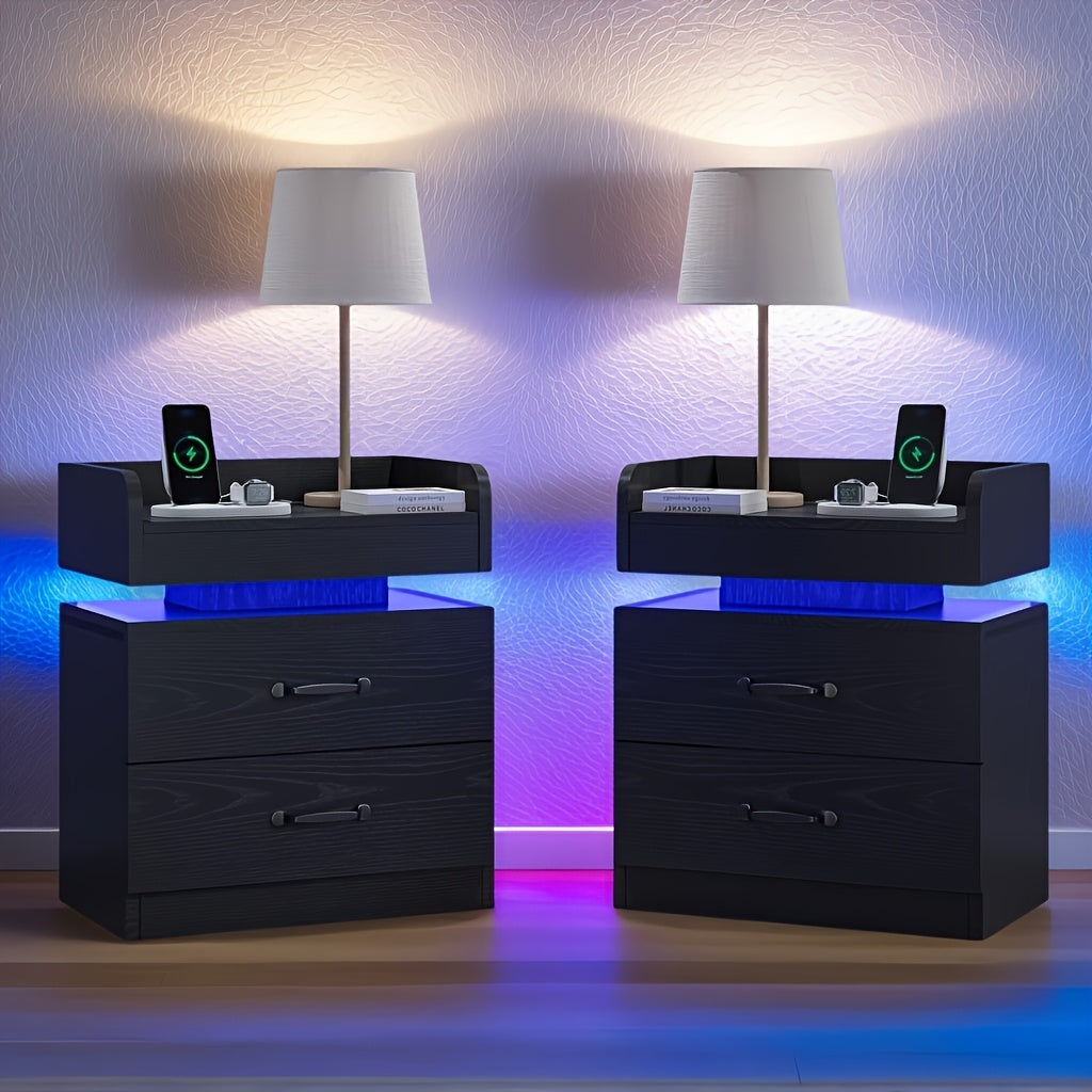 1pc/2pcs Nightstand, Decorative Nightstand with Charging Station, Night Stand with LED Lights, Modern LED End Table Nightstand for Bedroom, Night Stand with 2 Drawers, Bedside Table with Storage for Living Room, White/Black/Grey
