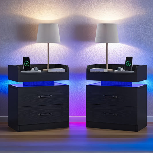 1pc/2pcs Nightstand, Decorative Nightstand with Charging Station, Night Stand with LED Lights, Modern LED End Table Nightstand for Bedroom, Night Stand with 2 Drawers, Bedside Table with Storage for Living Room, White/Black/Grey
