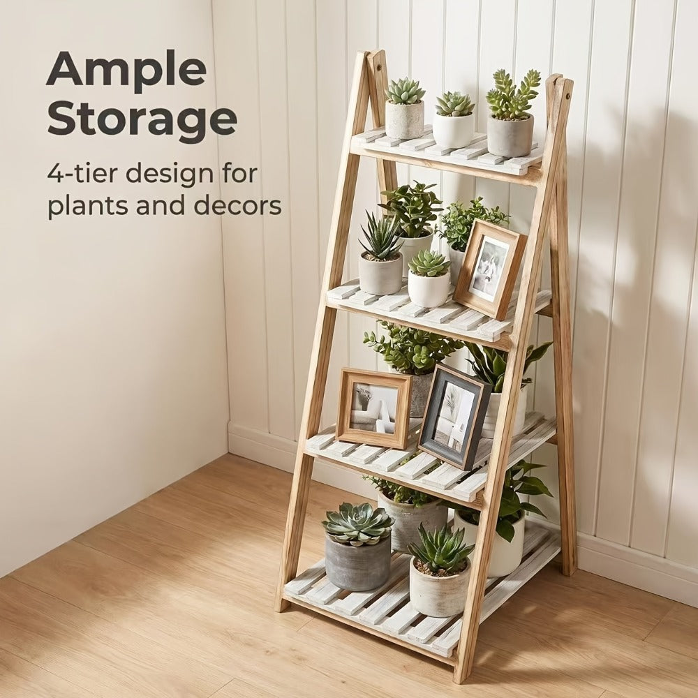 4-Tier Ladder Shelf, Wooden Plant Shelves, Ladder Bookshelf, Rustic Flower Display Rack, Wooden Display Shelves Plant Stand, Indoor Ladder Shelf For Living Room, Office, Bedroom