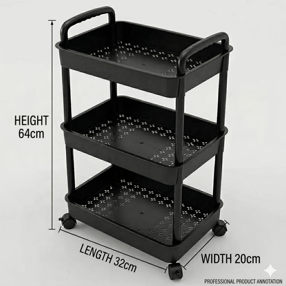 3-Tier Rolling Storage Cart with 360° Swivel Wheels – White Mobile Utility Cart Organizer for Home, Office & Kitchen, 3 Layer Plastic Cart for Books, Snacks & Supplies