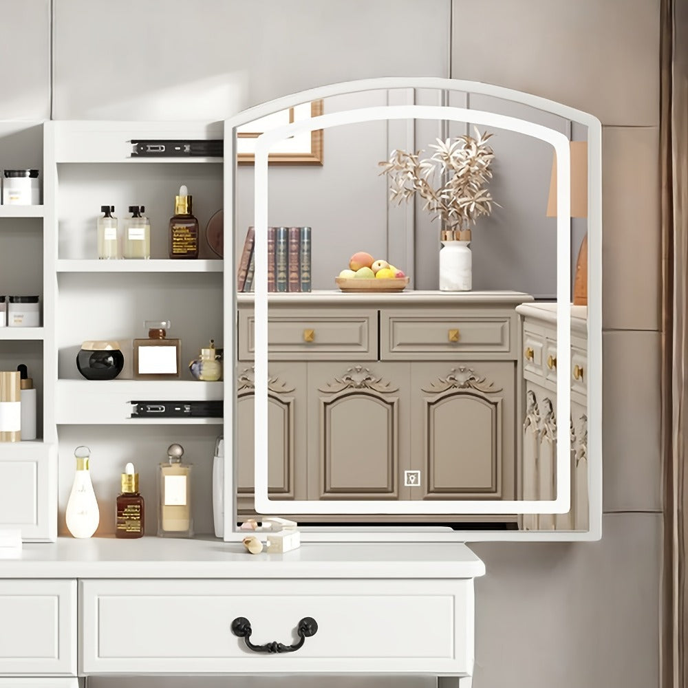 Vanity Dressing Table with Sliding Mirror & Cushioned Stool | 4 Drawers, 3 Shelves, Mirror Cabinet, White Bedroom Makeup Desk for Small Spaces
