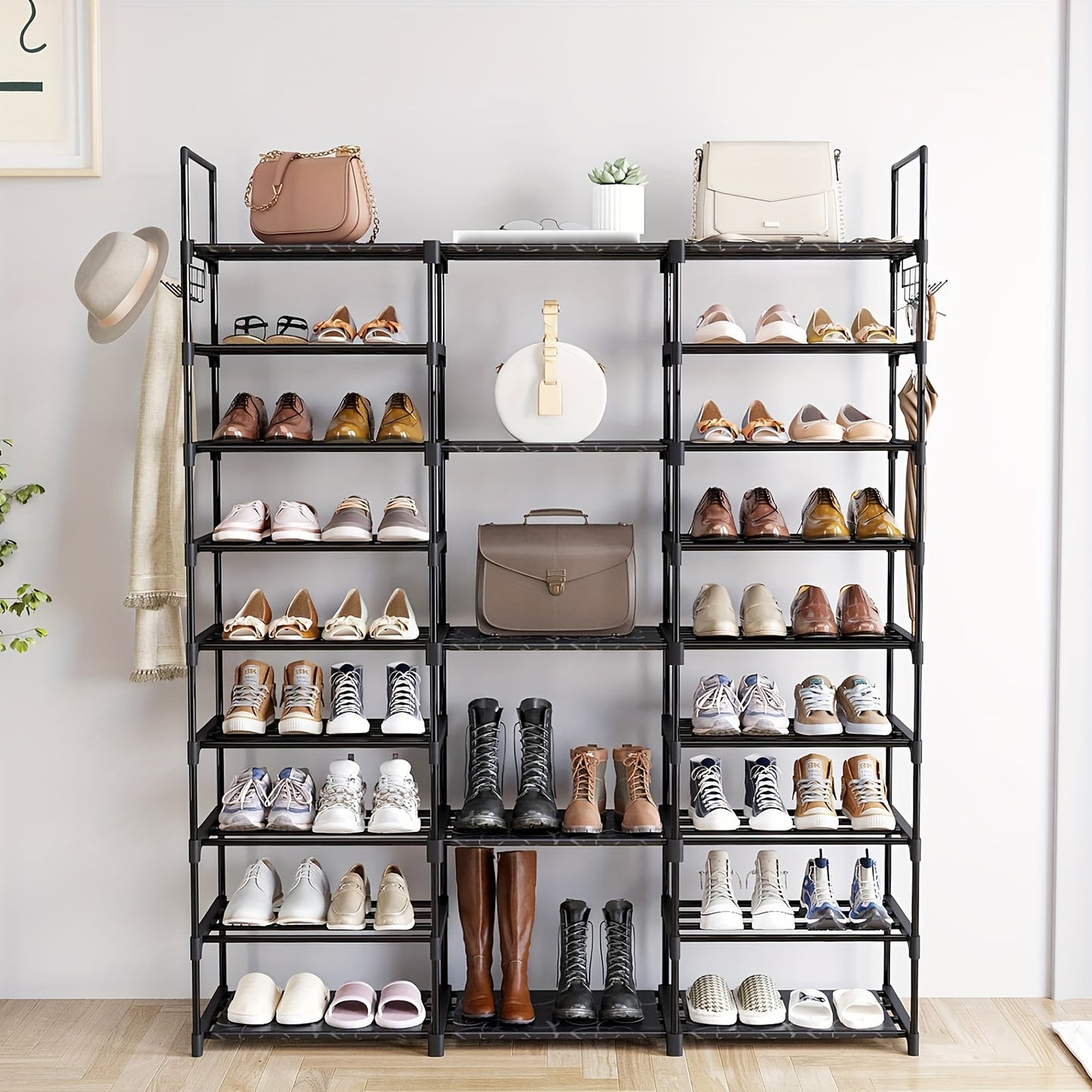 1pc 9 Tier Shoe Rack Organizer(129.5 Depth X 26.9 Width X 155.4 Height Cm), Black, 50-55 Pairs, Stackable Metal Shelf With Hooks For Entryway, Shoe Racks For Bedroom Closet, For Halloween And Christmas
