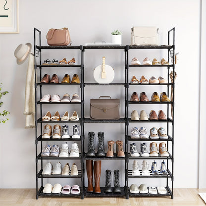 1pc 9 Tier Shoe Rack Organizer(129.5 Depth X 26.9 Width X 155.4 Height Cm), Black, 50-55 Pairs, Stackable Metal Shelf With Hooks For Entryway, Shoe Racks For Bedroom Closet, For Halloween And Christmas