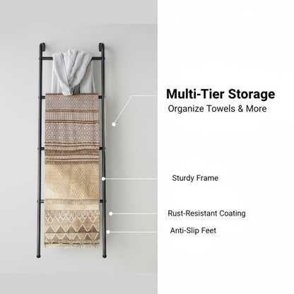Blanket Ladder 4-Layer Metal Towel Rack Wall Leaning | Decorative Ladder Shelf for Blankets, Towels, Scarves | Space-Saving, Sturdy, Easy Assembly, Black or White