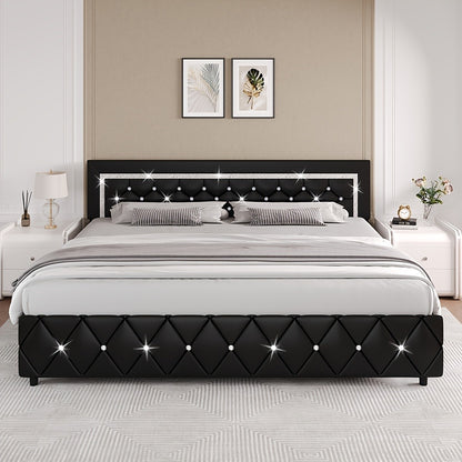 Upholstered Platform Bed Frame with Button-Tufted Diamond Headboard – Wooden Slats, No Box Spring Needed, Twin Full Queen King, Black White Pink Green Gray Beige