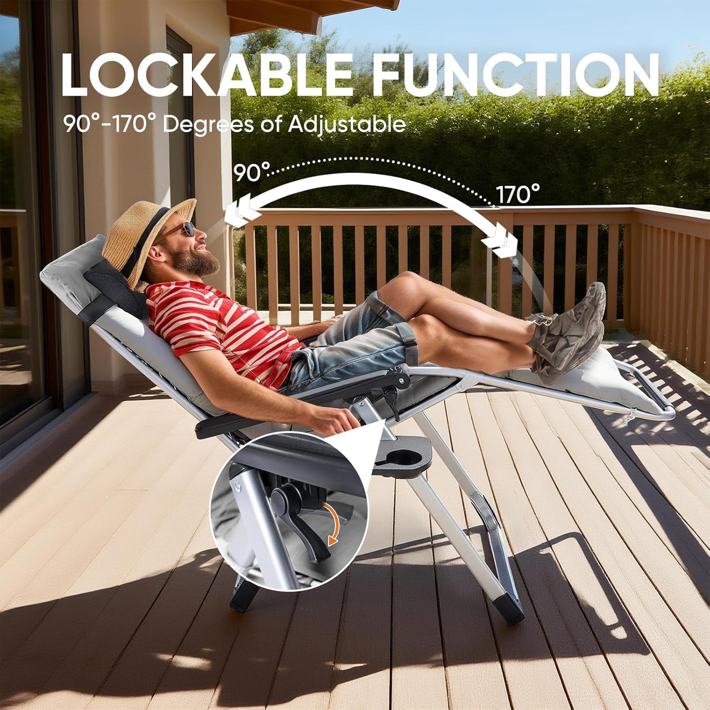 [Indoor/Outdoor Recliner] Zero Gravity Recliner, Foldable Headrests, Recliner With Cup Holder Tray And Detachable Cushion, Indoor/Outdoor Foldable Recliner, Black/Gray