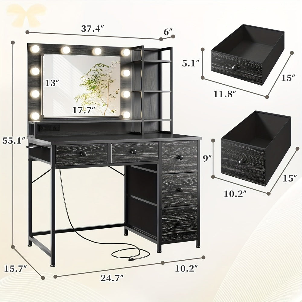 Vanity Desk with Lighted Mirror and Power Strip 5 Large Drawers 3 Color LED Lights Hair Dryer Rack Makeup Dressing Table Set Black White