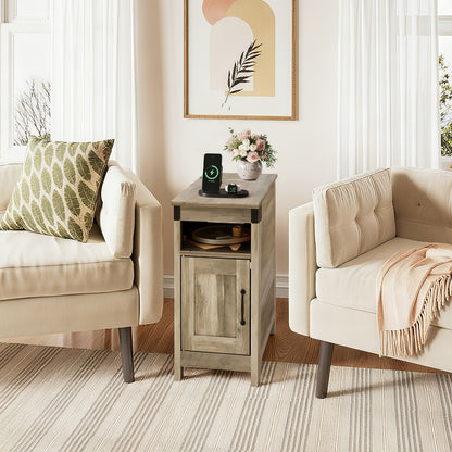 End Table with Charging Station USB Ports & Outlets | Farmhouse Nightstand with Storage for Small Spaces, Narrow Side Table for Living Room & Bedroom | Espresso, White, Brown, Greige