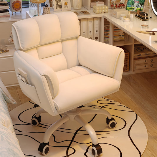 Vanity Chair Skin-Friendly Material with Mid-Back, Modern Adjustable Height Upholstered Swivel Chair with Wheels, Desk Chairs Comfy with Side Pockets for Bedroom