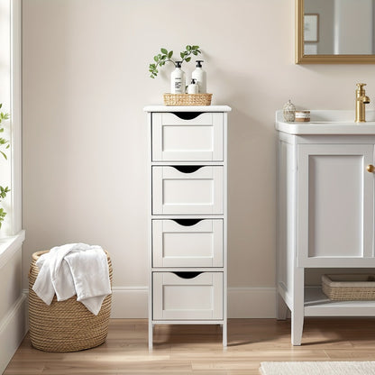 4 Drawer Storage Cabinet White Compact MDF Space Saving Drawer Unit for Bathroom Bedroom Closet Daily Organization
