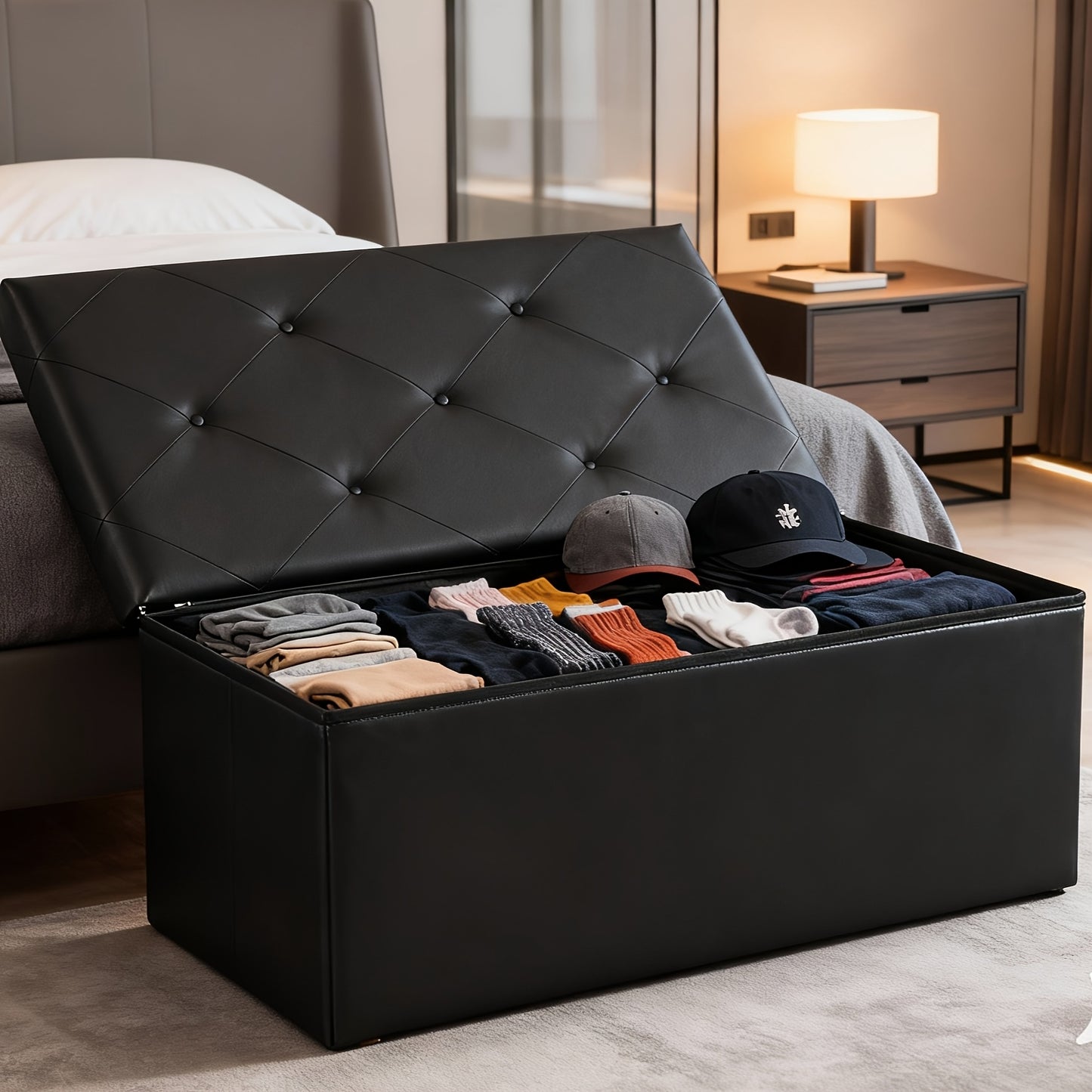 Multi-Functional Ottoman with Storage Bench | Folding Foot Rest Stool, Space-Saving, Load 660 lbs, Upholstered, Classic Style, Hardwood, OLIXIS for Living Room, Bedroom, Office, Dorm